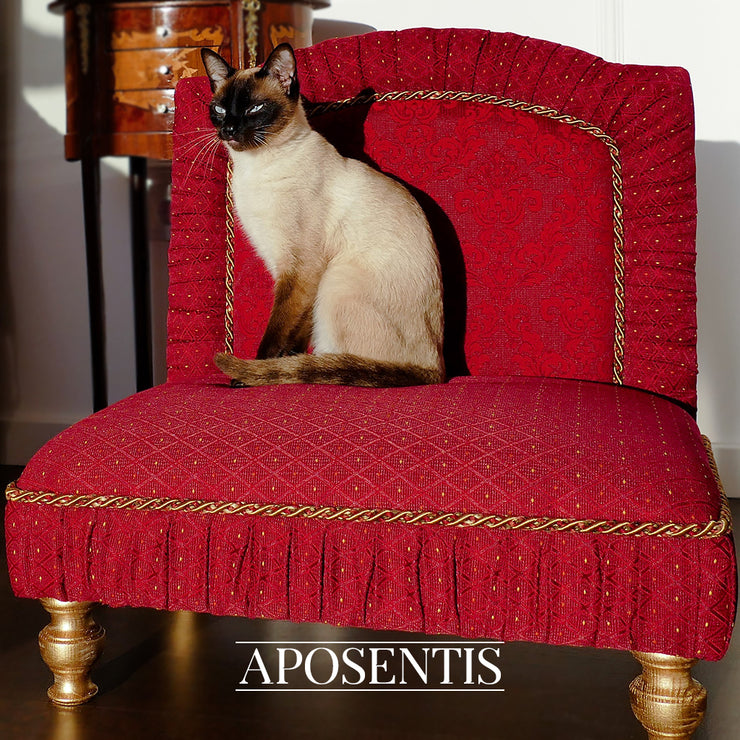 Aposentis luxury dogs cats pets bed  designer exclusive fancy luxurious red handcrafted design Pet silhouette little ears handmade europe Portugal Barocco motif-studded-back-gold-bold sumptuous damask bespoke unique personalized